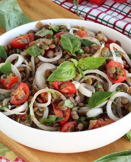 Insalata di lenticchie pomodori e cipollotti