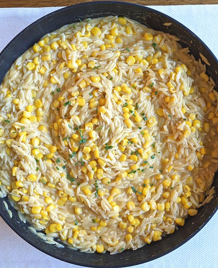 One Pan Cheesy Orzo with Corn