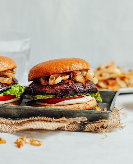 Balsamic Portobello Burgers with Caramelized Onions & Garlic Aioli