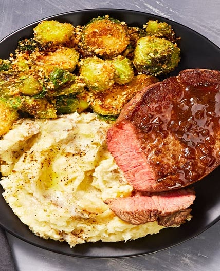 Balsamic-and-Fig Beef Tenderloin with Garlic Mashed Potatoes and Rosemary Breadcrumb Brussels Sprouts