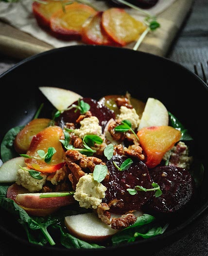 apple and beet salad with candied walnuts and cashew cheese