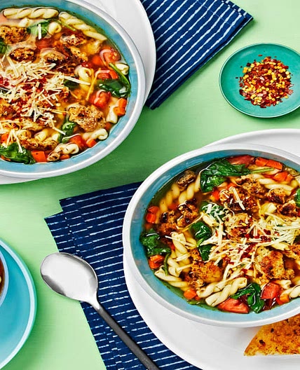 Italian Noodle Soup with Chicken Sausage, Gemelli Pasta, and Parmesan Toasts