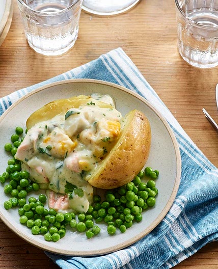 Microwave fish pie jackets with peas
