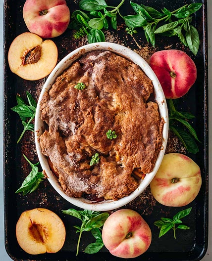 Gluten free peach cobbler with basil