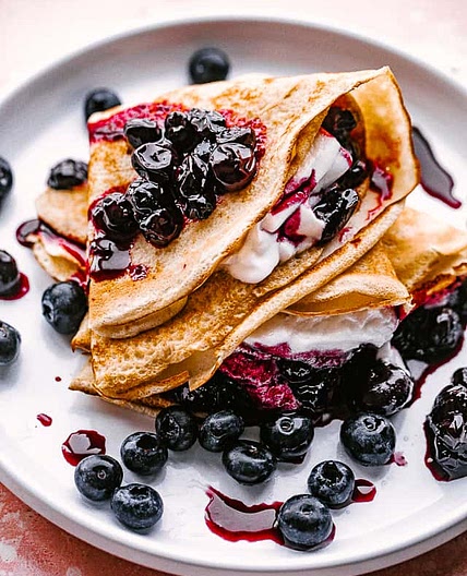 Blueberry Sauce Crepes with Honey Whipped Cream