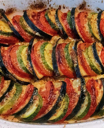 Eggplant zucchini and tomato gratin