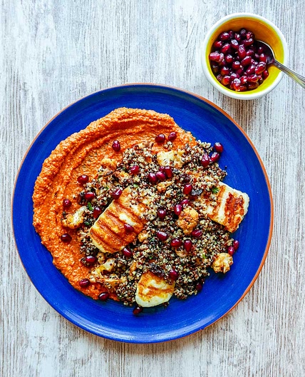 Muhammara with Roasted Cauliflower, Quinoa and Halloumi