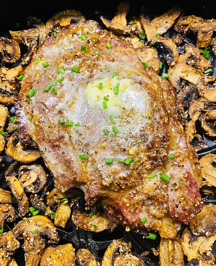 Air Fryer Ribeye and Mushrooms