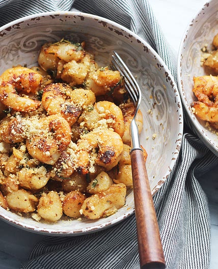 Paleo Cauliflower Gnocchi with sage and blackened shrimp