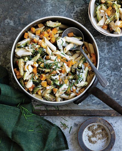 Brussels sprouts, pumpkin and blue cheese pasta