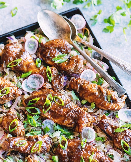 Sticky Sheet Pan BBQ Chicken with Roasted Slaw