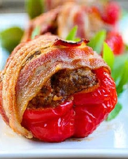 Meatloaf Stuffed Bell Peppers Wrapped in Bacon