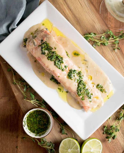 Salmon Poached in Coconut Milk with Lime Cilantro Drizzle