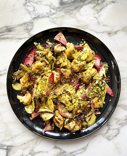 Cauliflower salad with miso dressing and pistachio pesto