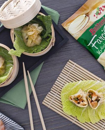 Ravioli al vapore all'orientale con verdure e mazzancolle