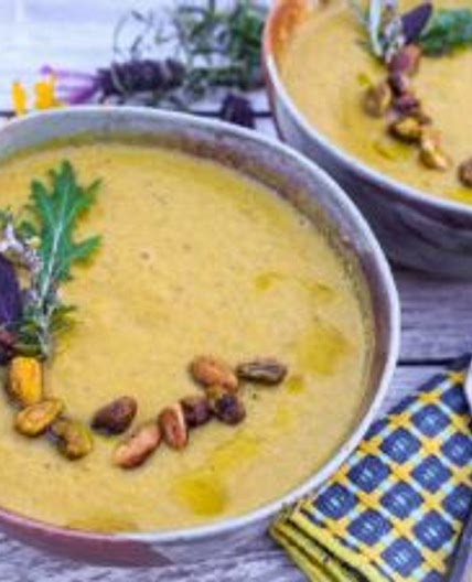 Kabocha Squash Leek Soup with Pistachios