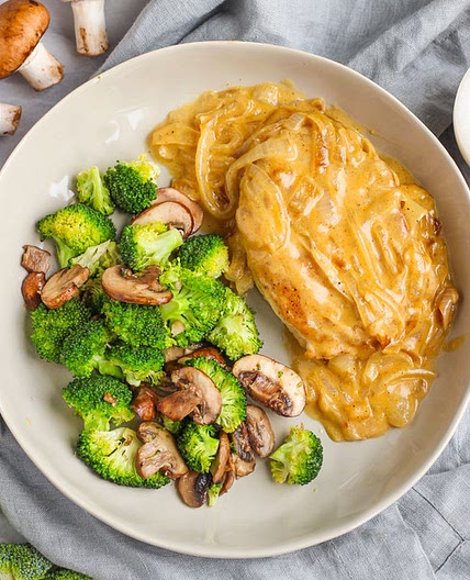 Smothered Pork Chops in Creamy Onion Gravy with Broccoli & Mushrooms
