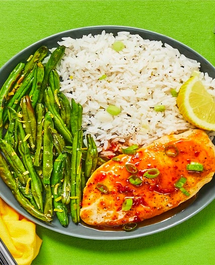 Jammy Red Pepper Chicken with Lemony Green Beans & Scallion Rice