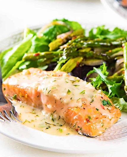 Slow Roasted Salmon with a Lemon and Butter Sauce