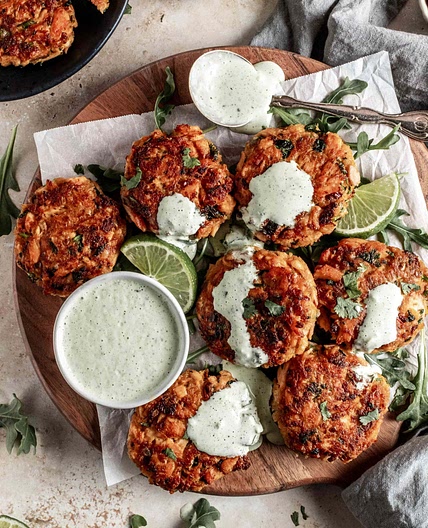 spicy salmon cakes + cilantro lime aioli