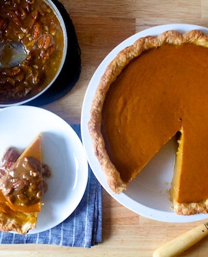 classic pumpkin pie with pecan praline sauce