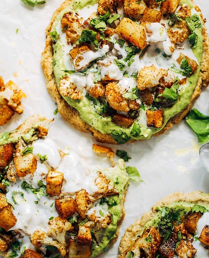 Roasted Veggie Paleo Cauliflower Pitas With Avocado Crema