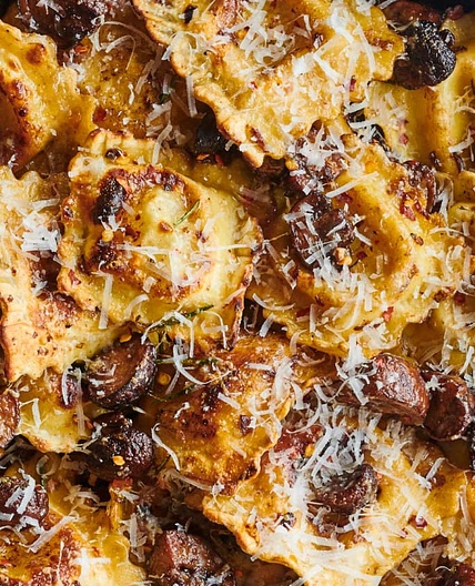 Crispy Skillet Ravioli with Garlic-Butter Mushrooms