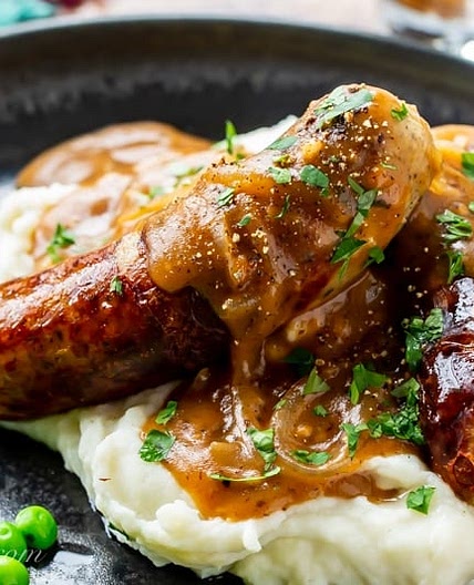 Bangers and Mash with onion gravy