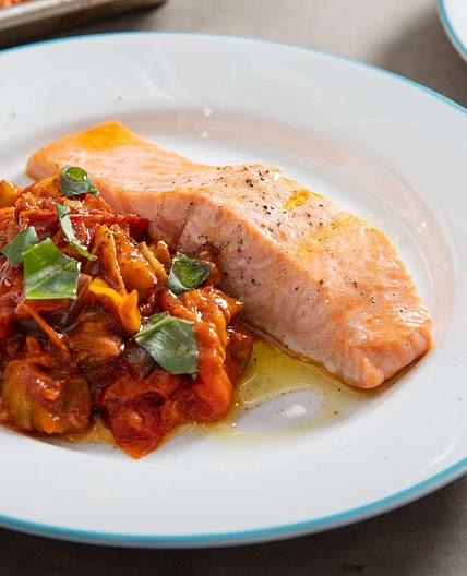 Sheet-Pan Salmon With Tomato-Eggplant Compote Recipe