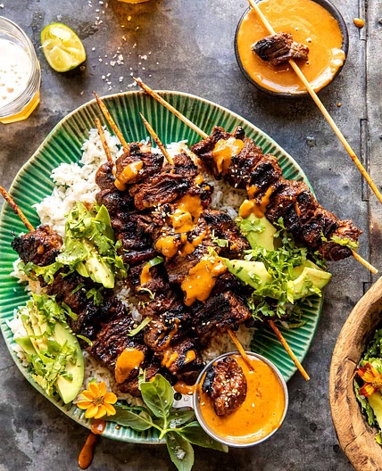 Sesame Ginger Steak Skewers with Peanut Sauce