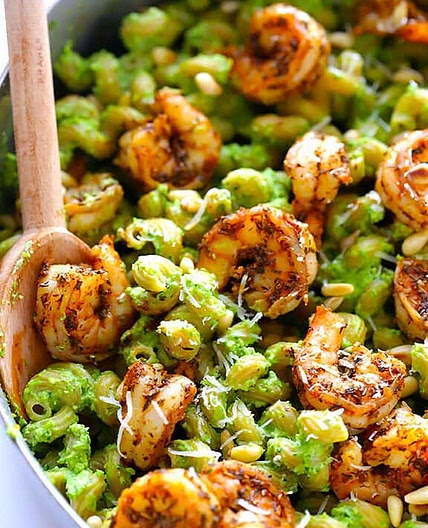 Asparagus-Spinach Pesto Pasta with Blackened Shrimp