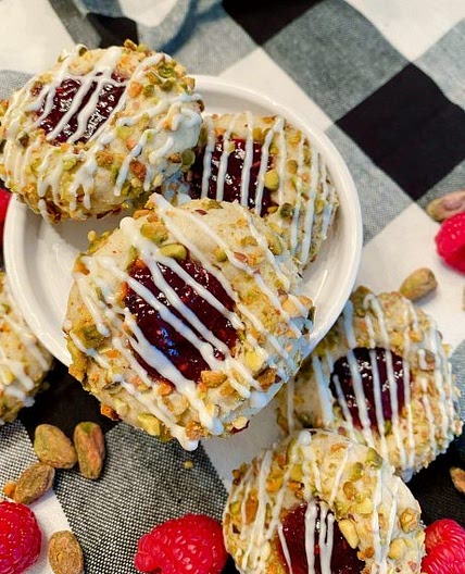 Raspberry Pistachio Thumbprint Cookies