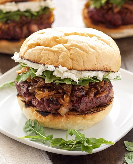 Bacon Burgers with Bourbon Caramelized Onions and Goat Cheese