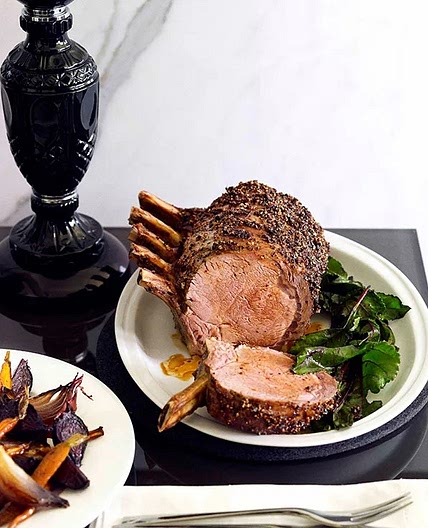 Pepper-crusted beef rib with beetroot and wilted beetroot greens