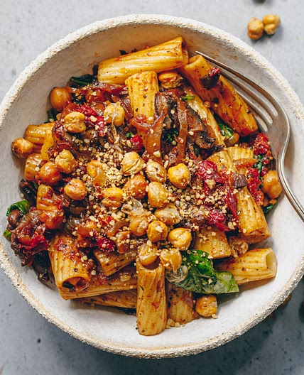 Rigatoni with Caramelized Onions, Mushrooms, & Crispy Chickpeas