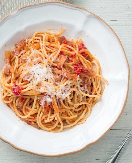 Spaghetti Amatriciana (Spaghetti with guanciale and tomato)