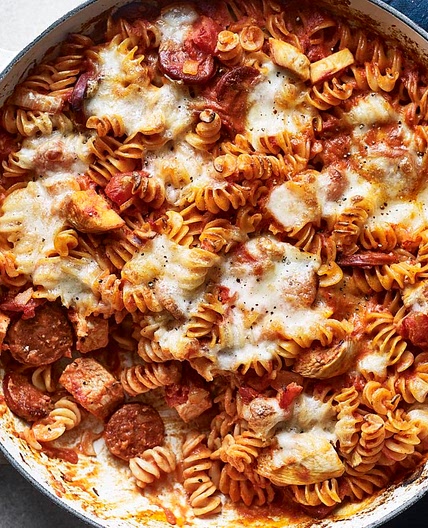 Easy chicken and chorizo pasta bake