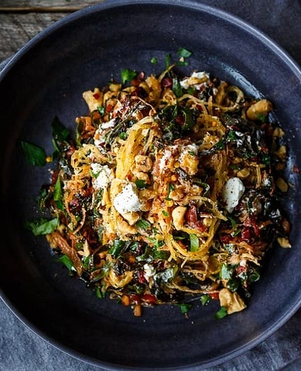 Spaghetti Squash with Chard, Walnuts and Chèvre