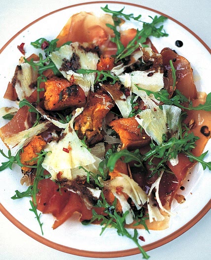 Warm salad of roasted squash, prosciutto and pecorino