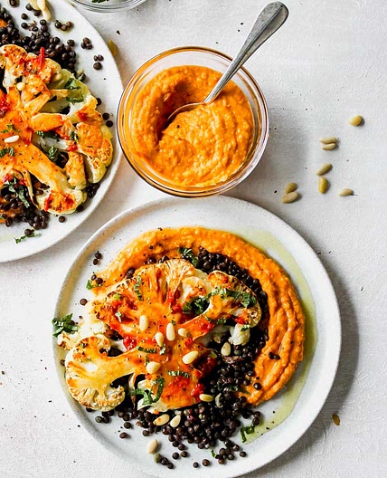 Cauliflower Steaks with Lemon-Caper Lentils and Harissa "Hummus"