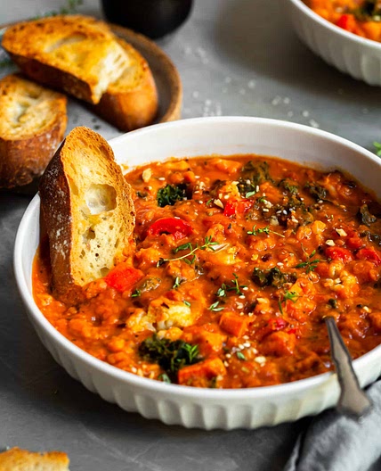 Roasted Garlic Vegetable Stew with Red Lentils and Tomatoes