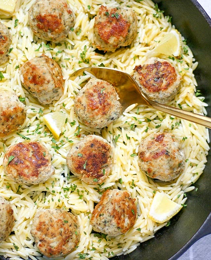 Easy Greek Chicken Meatballs with Lemon Orzo