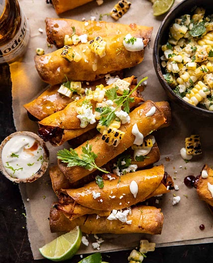 Crockpot BBQ Beer Chicken Taquitos with Street Corn Salsa