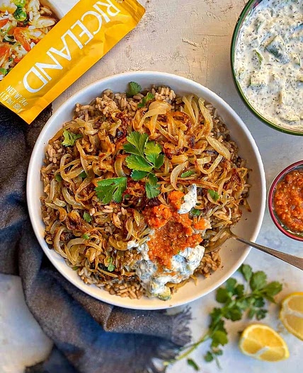 Mujadara (A Middle Eastern Rice & Lentil dish topped with caramelized onions)