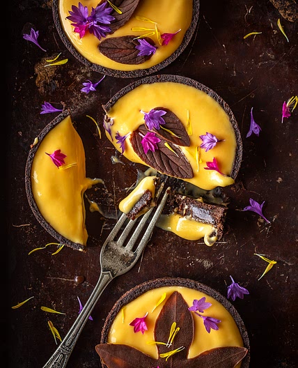 Chocolate Passion Fruit Tarts (Chocolate Pastry, Milk Chocolate Ganache, Passion Fruit Curd, Milk Chocolate Leaves)