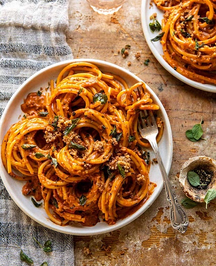 Roasted Red Pepper Alla Vodka Pasta with Cheesy Oregano Breadcrumbs