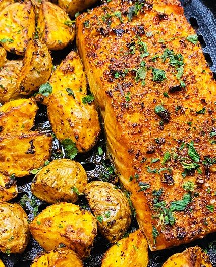 Air Fryer BBQ Salmon and Potatoes