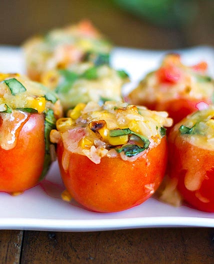 Roasted Corn and Basil Stuffed Tomatoes