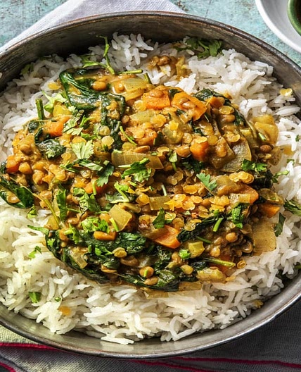 Lentil-Veggie Mulligatawny with Cilantro and Basmati Rice