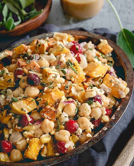 Roasted Sweet Potato, Squash and Chickpea Fall Salad with Maple Tahini Dressing
